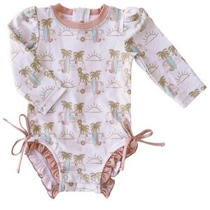 EUC Caden Lane Long-Sleeve Rash Guard One-Piece Swimsuit, Ruffle Bottom, 18-24M
